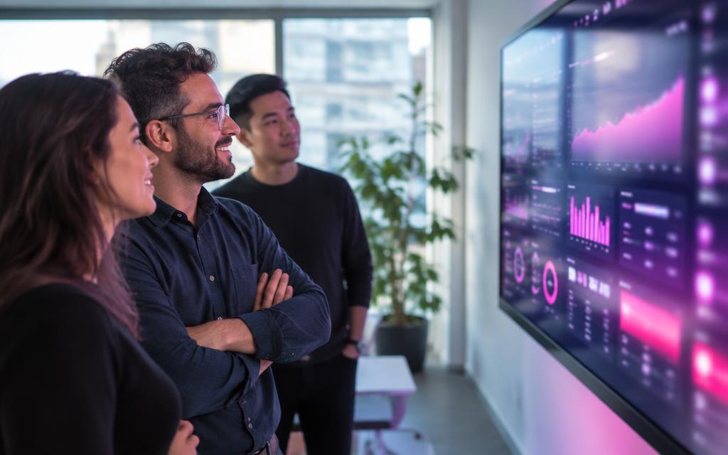 A team looking at a live dashboard on a large screen